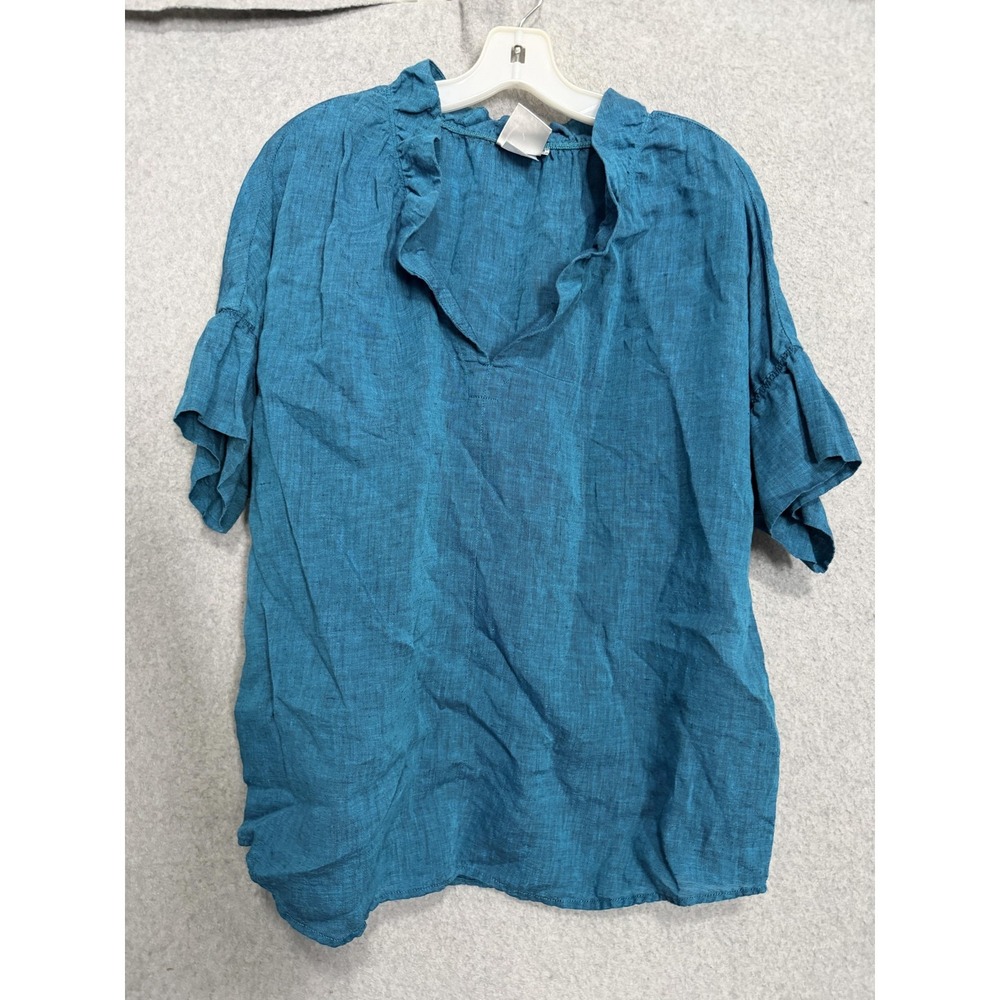 Finley Blouse Womens M Blue Linen Ruffle V Neck Flutter Sleeve Tunic Top USA